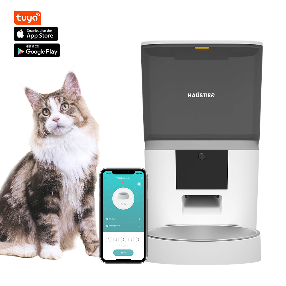 Haustier QQ003 Akıllı Kedi Köpek Otomatik Mama Kabı , Tuya App-Wifi Uzaktan Kontrol, 6Lt hazne, Metal Kase, Beyaz