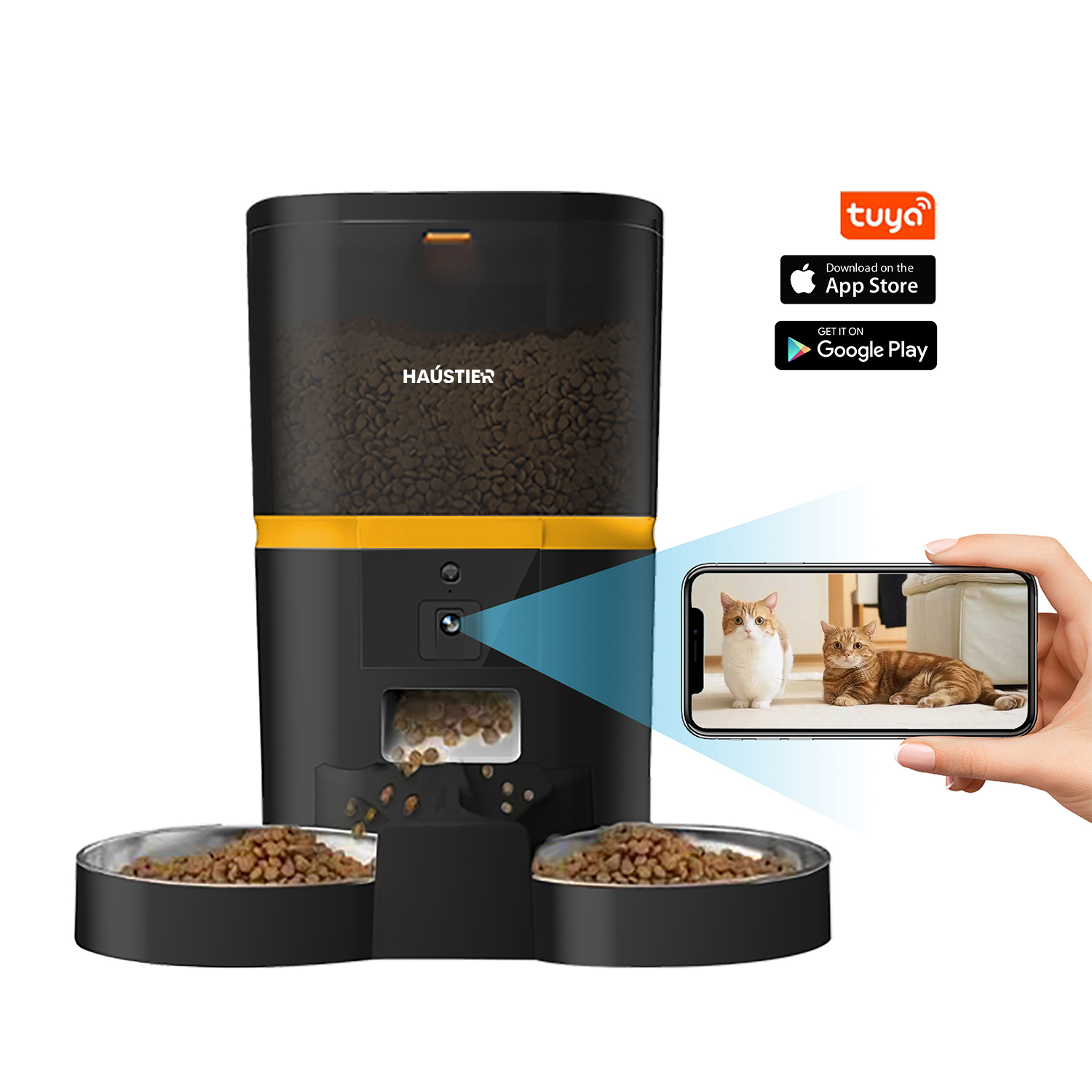 Haustier QQ005-Dual Akıllı Kedi Köpek Otomatik Mama Kabı , Tuya App-Wifi Uzaktan Kontrol, Sesle Çağırma, 480P Kamera, 6Lt hazne, Metal Kase (Siyah)