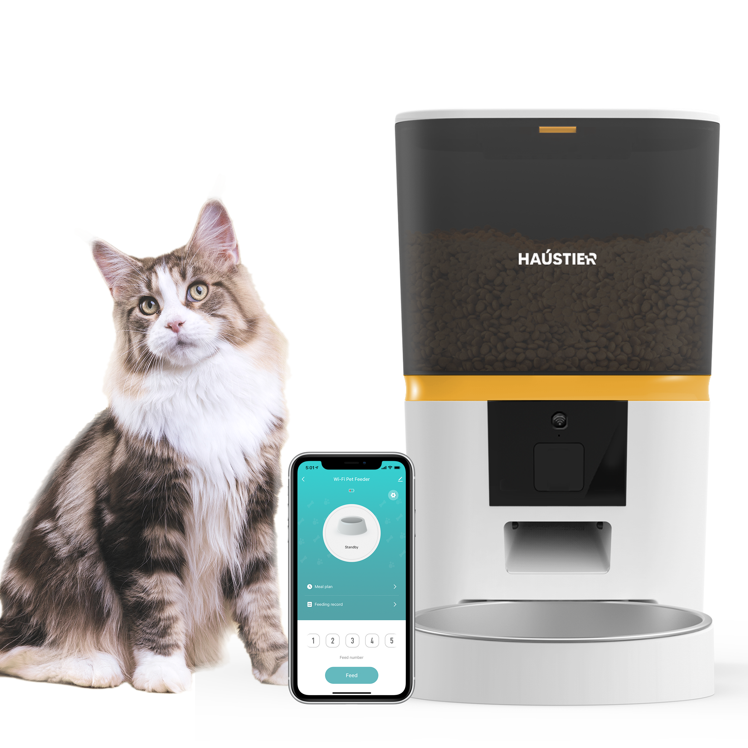 Haustier QQ003-V2 Akıllı Kedi Köpek Otomatik Mama Kabı , Tuya App-Wifi Uzaktan Kontrol, 6Lt hazne, Metal Kase (Beyaz)